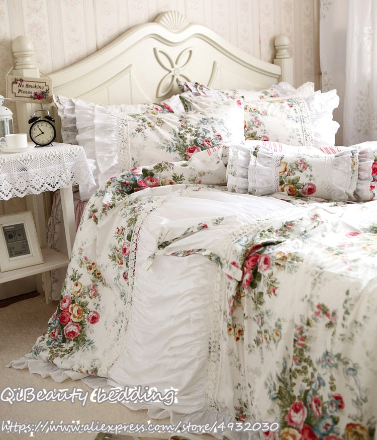 qgtao European-style pastoral lotus leaf lace handmade pleated cotton bedding Queen   Size four-piece set