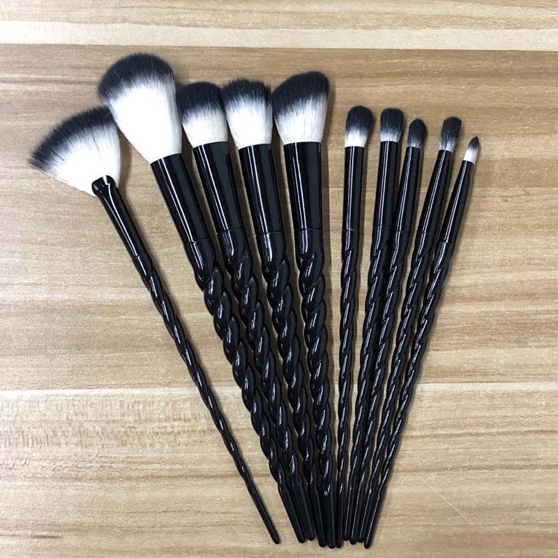 NEW BLACK+RED 10PCS/SET Spiral Design Plastic Handle Beauty Makeup Brushes Cosmetic Foundation Powder Blush Make Up Brush Tool