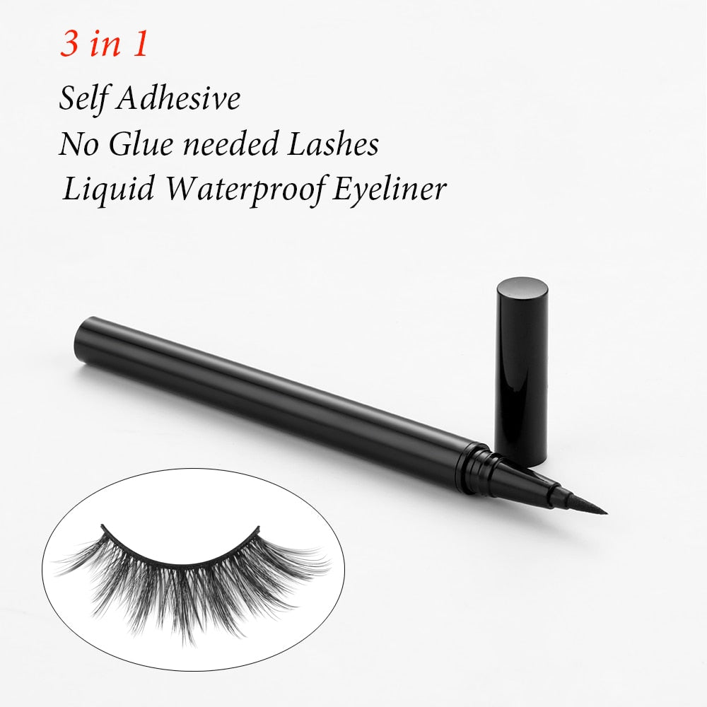 3 Pairs Self Adhesive False Eyelashes Eyeliner Kit a Liquid Eyeliner Non Magnetic Lashes No Glue Needed Eye Makeup Tools