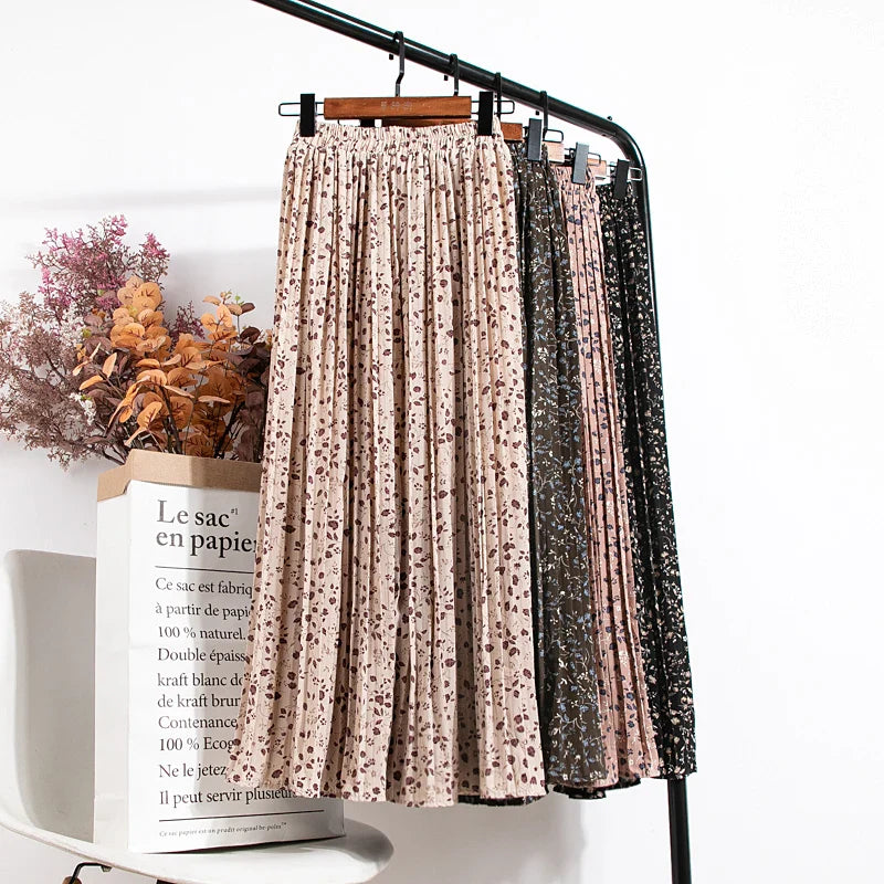 qgtao Skirts Womens 2024 High Waist Floral Print Mid Calf Long Pleated Skirt Women Summer Vintage Elegant Chiffon Midi Skirt