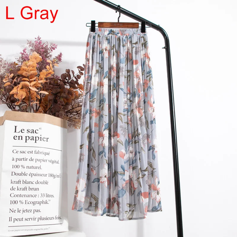 qgtao Skirts Womens 2024 High Waist Floral Print Mid Calf Long Pleated Skirt Women Summer Vintage Elegant Chiffon Midi Skirt