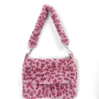 qgtao Lovely Pink Leopard Print Girls Furry Handbags Small Tote Soft Plush Women Large Shoulder Bag Fashion Ladies Crossbody Bags