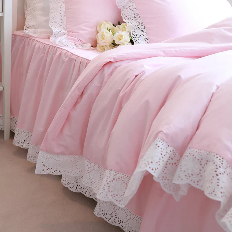 Yeknu 100% Cotton White Bedding Set Princess Sunflower Hollowed Out 4pcs Set Ruffles Bedding Kit US King Queen Size Pink Duvet Covers