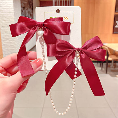 AWAYTR New Bow Pearls Chain Barrettes Hairpins For Women Rhinestone Spring Hair Clips Ribbon Headband Ponytail Hair Accessories