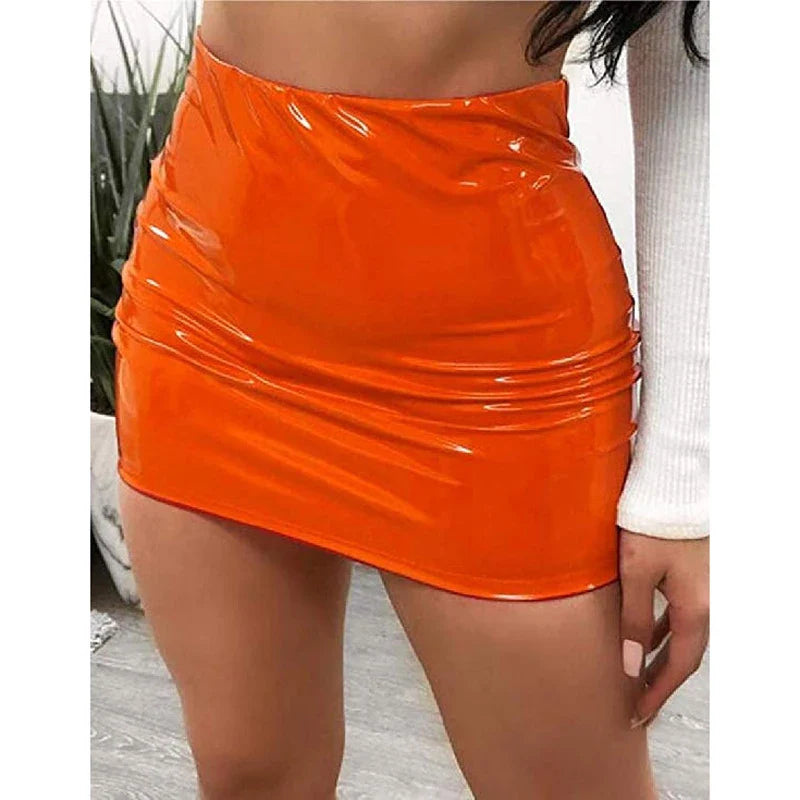 qgtao High Waist Faux Latex Wet Look Shiny PVC Package Hip Pencil Skirt Candy Color PU Leather Jupe Faldas Sexy Clubwear Mini Skirts