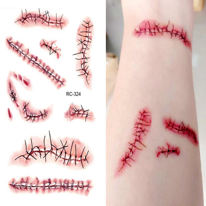 qgtao  Body Makeup Tattoo Stickers Halloween Simulation Horror Bleeding Suture Scars Stickers DIY Halloween Decoration Party Supplies