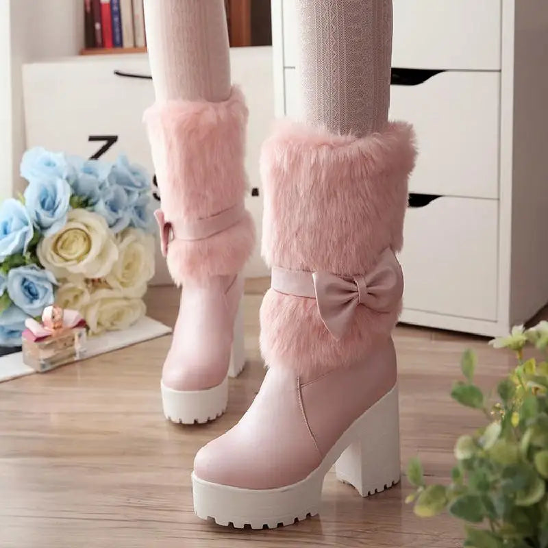 qgtao High-heeled snow boots female Lolita sweet bow student fur boots  plus cashmere keep warm women shoes cute bowknot kawaii snow