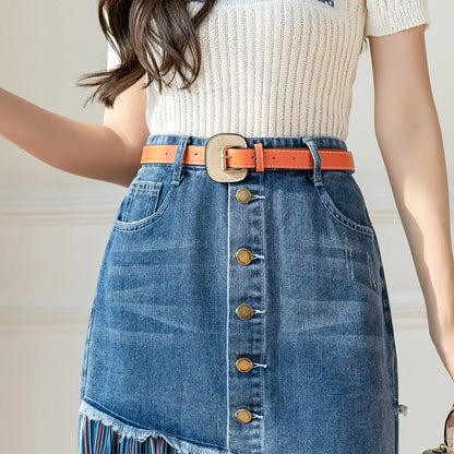 qgtao S-5XL Patchwork Pleated Jeans Skirts Women High Waist Ripped Skirts Vintage Elegant Korean Fashion Denim Skirts Big Size plus
