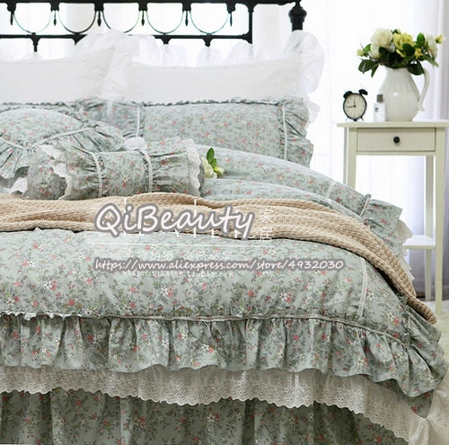 qgtao  Hot Korean style small rustic fresh  floral lace cotton bedding four-piece quilt cover  print bedding set lace ruffle duvet cove