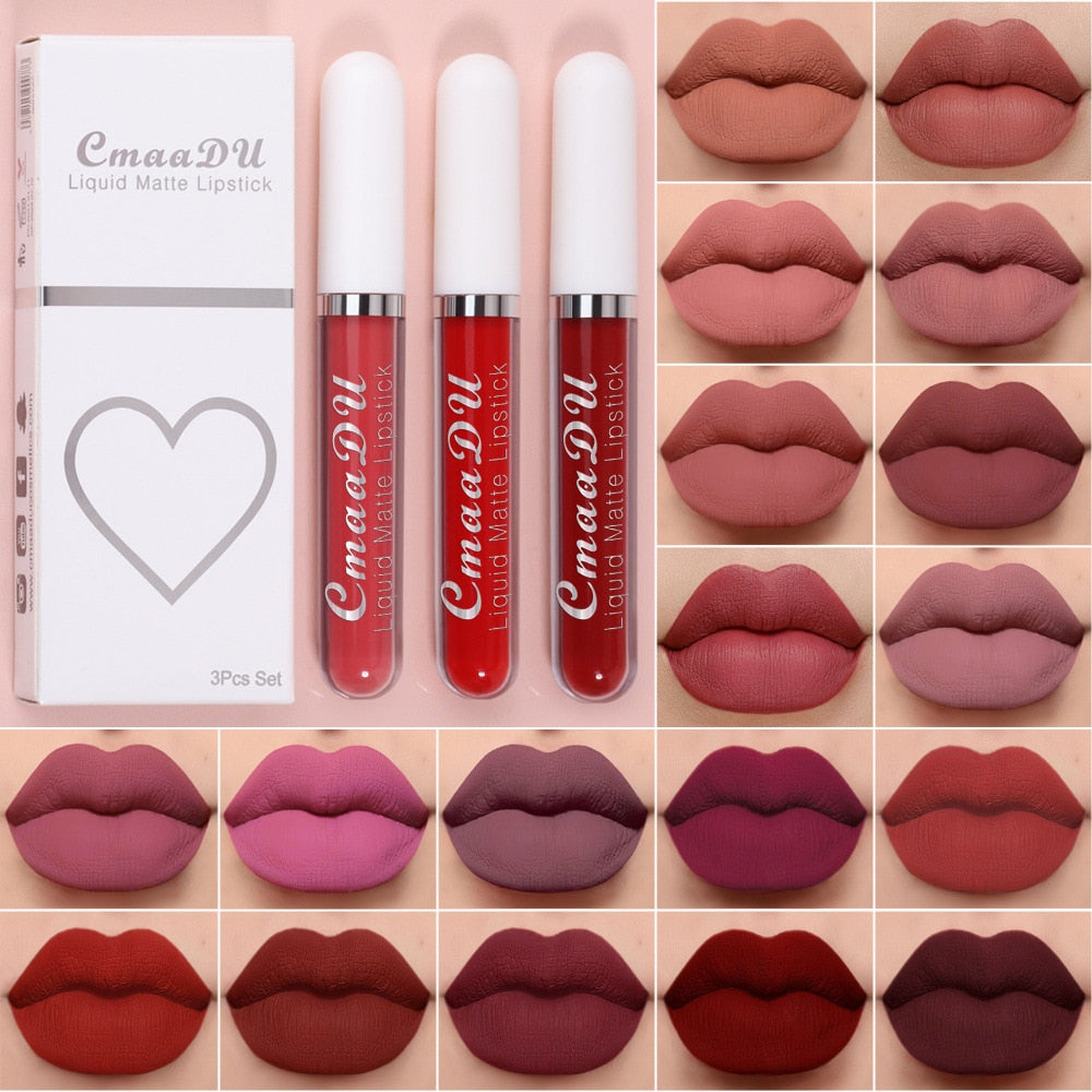 Waterproof Lip Gloss Velvet Matte Long-lasting Moisturizing Non-Fade Velvet Lipstick Lip Tint Women Cosmetics Makeup 3 Color/set