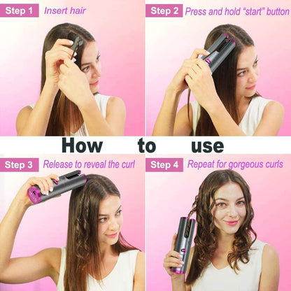 Cordless Hair Curler,Automatic Curling Iron,Auto Hair Curlers with LED Display Adjustable Temperature & Time,Portable Rechargeab