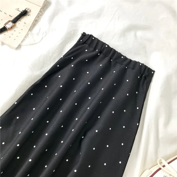 qgtao 2024 Summer Women Black Polka Dot Chiffon Long Skirt Elegant Lady High Waist Maxi Skirts Casual Boho Beach Vintage Slim Skirt