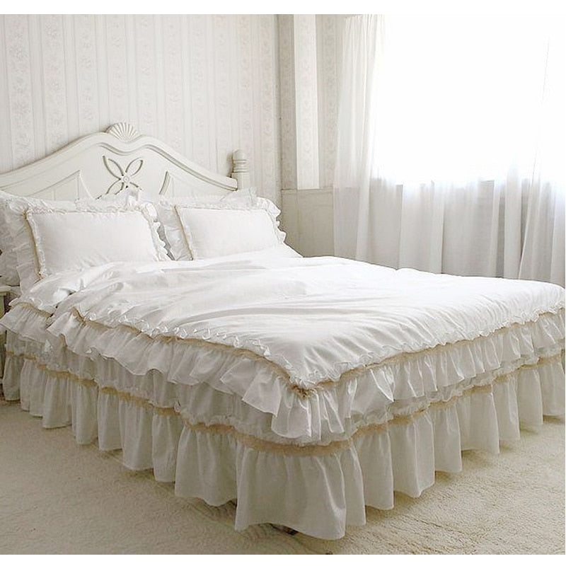 Princess style handmade ruffled lace and satin cotton duvet cover set bed skirt bedding set for home