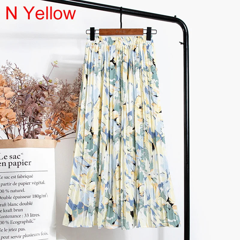 qgtao Skirts Womens 2024 High Waist Floral Print Mid Calf Long Pleated Skirt Women Summer Vintage Elegant Chiffon Midi Skirt