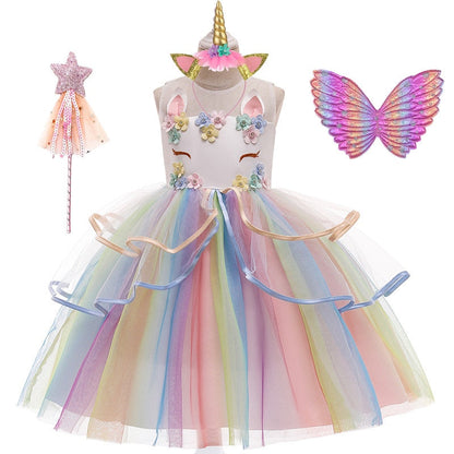 Unicorn Girls Knee Dress Kids Birthday Party Princess Lolita Costume for Halloween Christmas Children Ball Stage Disfraz Mujer