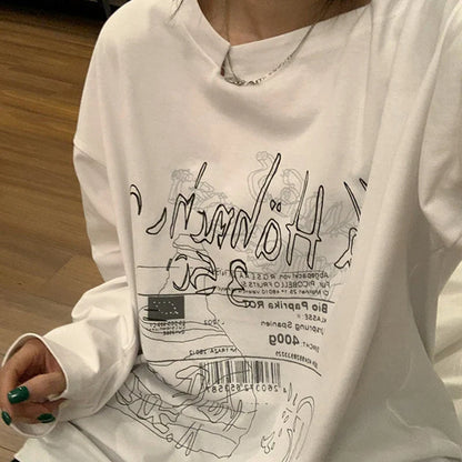 qgtao Y2K T-shirt Fairy Grunge 2023 Vintage Letter Print Tops Black Autumn Off Shoulder Long Sleeved Korean Tees Loose Harajuku Shirt
