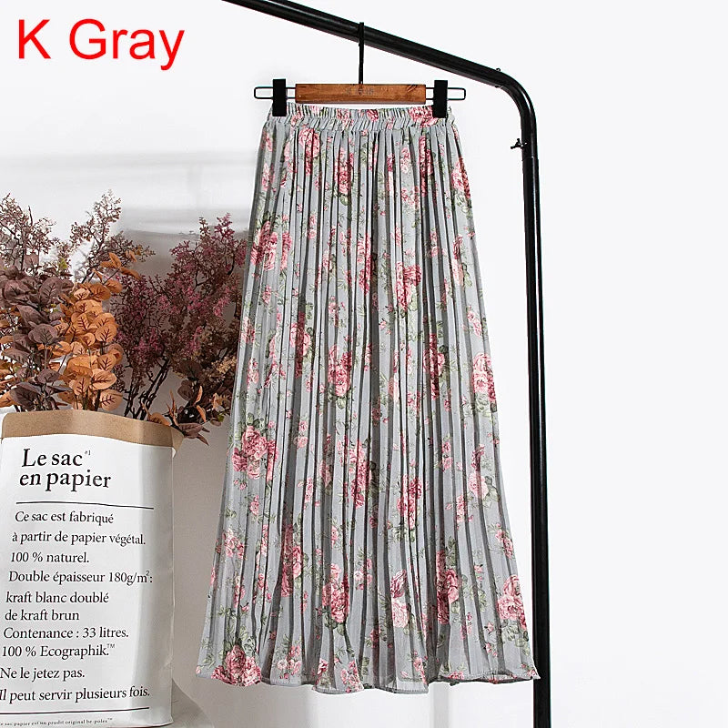 qgtao Skirts Womens 2024 High Waist Floral Print Mid Calf Long Pleated Skirt Women Summer Vintage Elegant Chiffon Midi Skirt