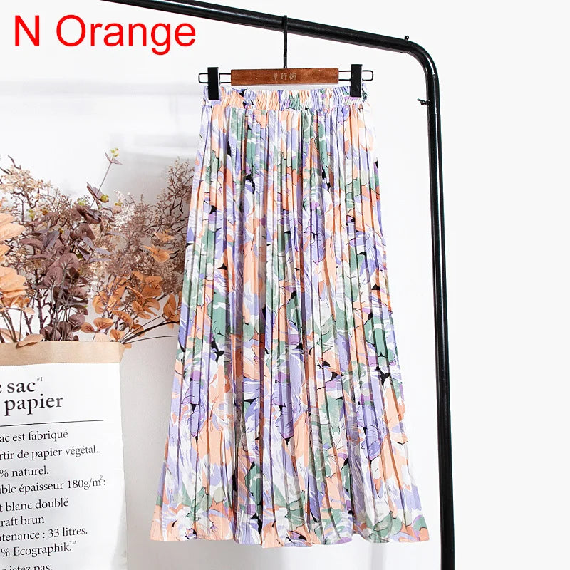 qgtao Skirts Womens 2024 High Waist Floral Print Mid Calf Long Pleated Skirt Women Summer Vintage Elegant Chiffon Midi Skirt