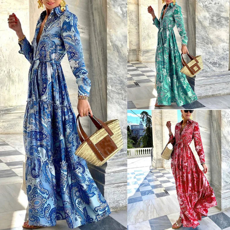 qgtao Summer Loose Boho Maxi Beach Dress Sexy Turn-down Collar Button Long Shirt Dress Women Spring Floral Print Pleated Party Dresses