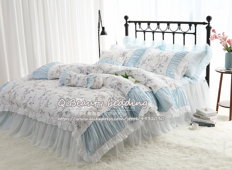 qgtao Elegant princess style cotton bed skirt quilt cover bedding set with small floral for home