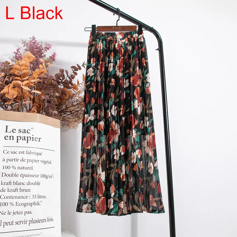 qgtao Skirts Womens 2024 High Waist Floral Print Mid Calf Long Pleated Skirt Women Summer Vintage Elegant Chiffon Midi Skirt