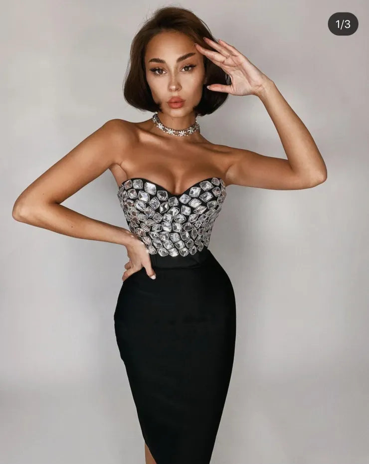 qgtao 3 Colors Ladies HL Bandage Dress Sexy 2 Pieces Set Fashion Bodycon Midi Dress Nightclub Party Dress Vestido High Quality