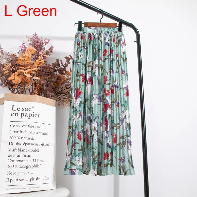 qgtao Skirts Womens 2024 High Waist Floral Print Mid Calf Long Pleated Skirt Women Summer Vintage Elegant Chiffon Midi Skirt