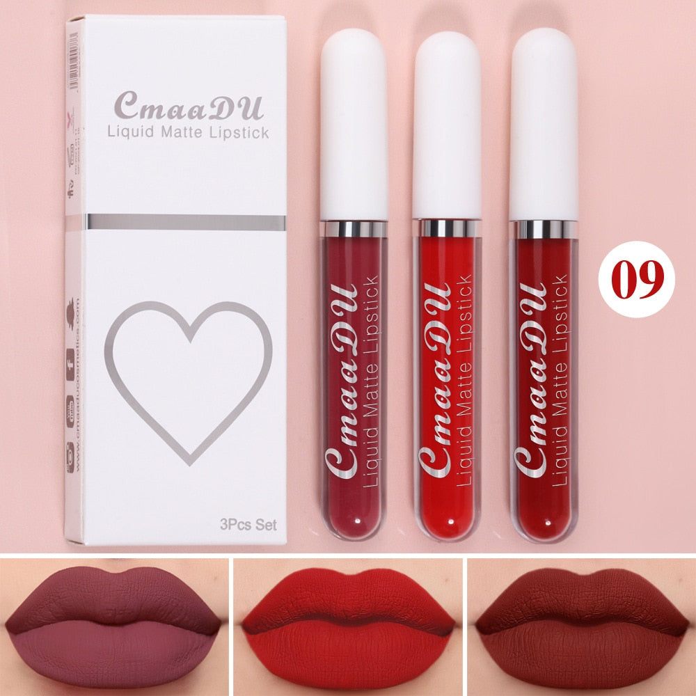 Waterproof Lip Gloss Velvet Matte Long-lasting Moisturizing Non-Fade Velvet Lipstick Lip Tint Women Cosmetics Makeup 3 Color/set