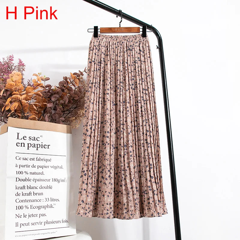 qgtao Skirts Womens 2024 High Waist Floral Print Mid Calf Long Pleated Skirt Women Summer Vintage Elegant Chiffon Midi Skirt