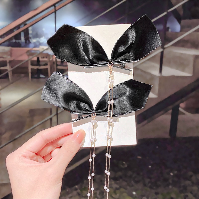 AWAYTR New Bow Pearls Chain Barrettes Hairpins For Women Rhinestone Spring Hair Clips Ribbon Headband Ponytail Hair Accessories