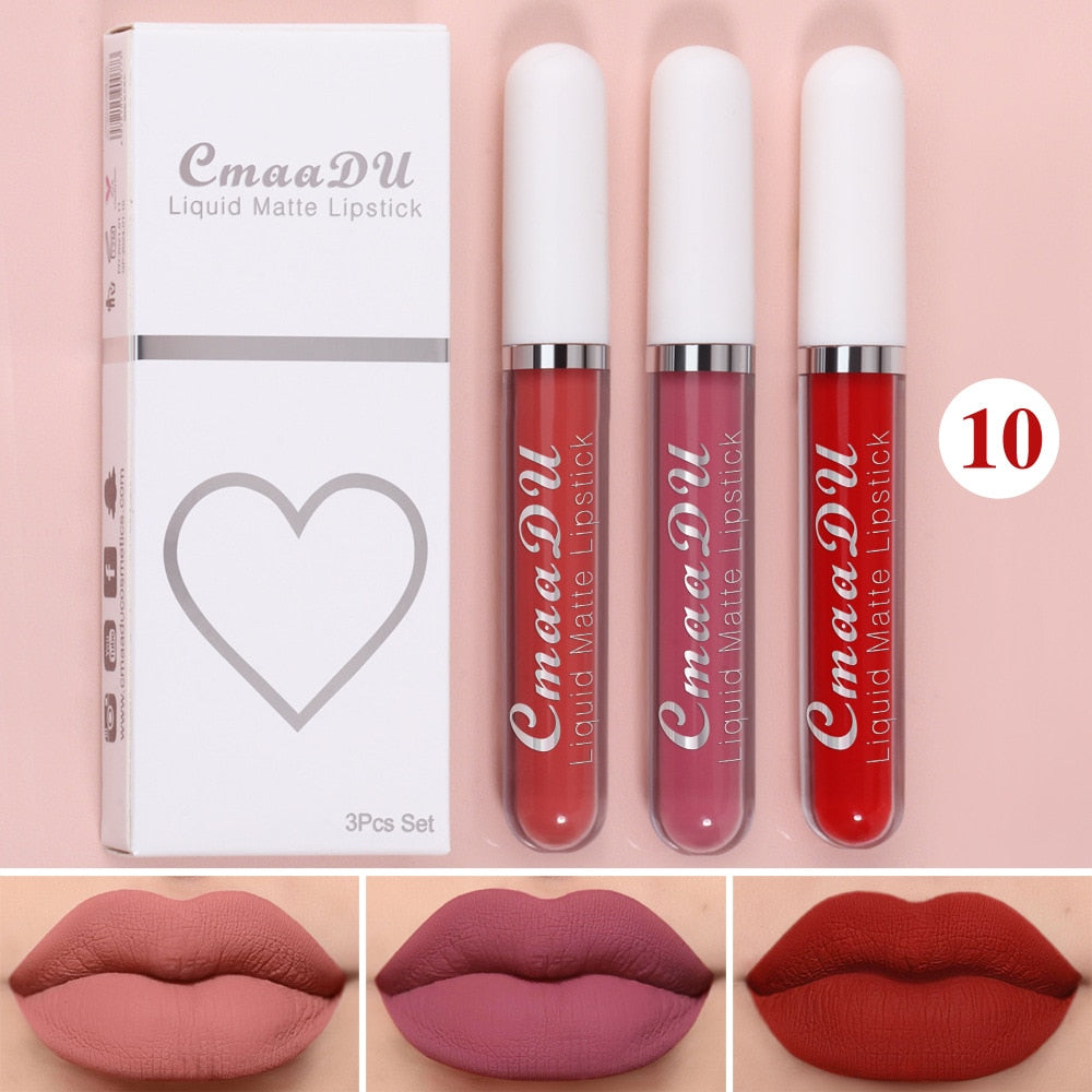 Waterproof Lip Gloss Velvet Matte Long-lasting Moisturizing Non-Fade Velvet Lipstick Lip Tint Women Cosmetics Makeup 3 Color/set