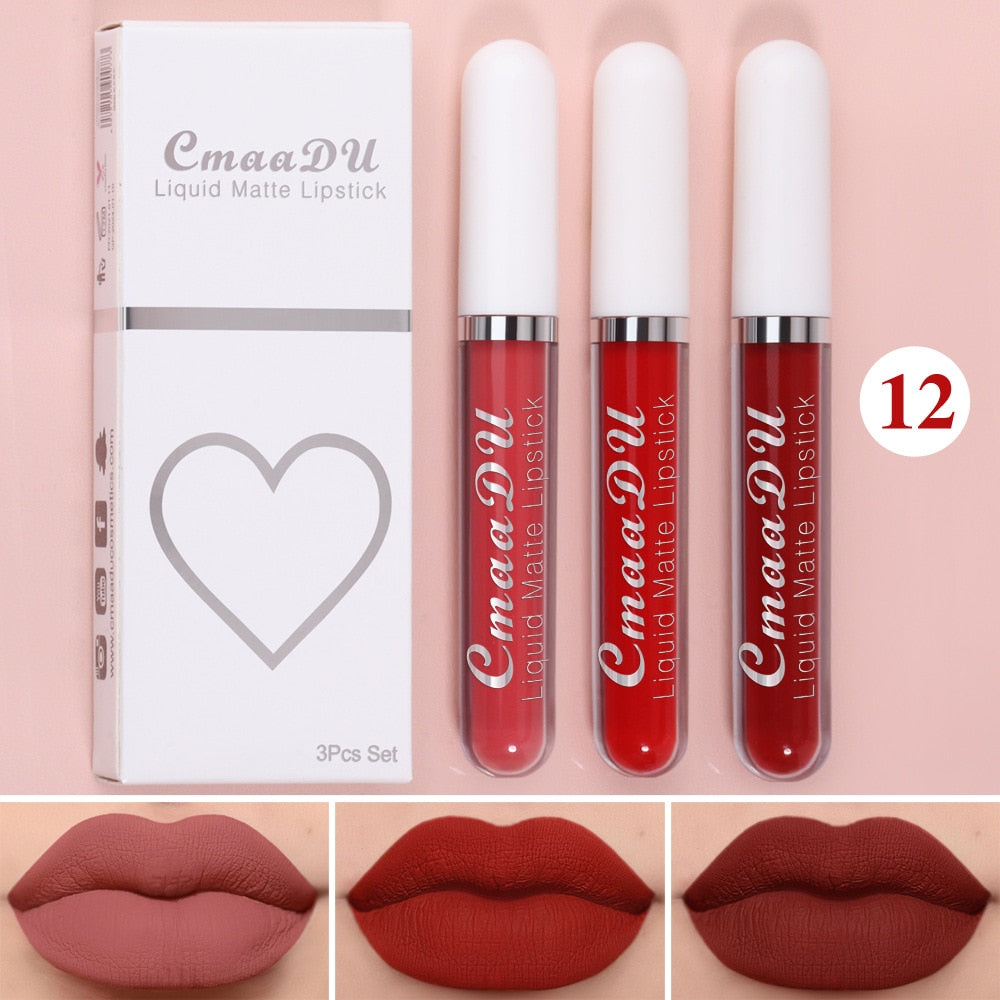 Waterproof Lip Gloss Velvet Matte Long-lasting Moisturizing Non-Fade Velvet Lipstick Lip Tint Women Cosmetics Makeup 3 Color/set