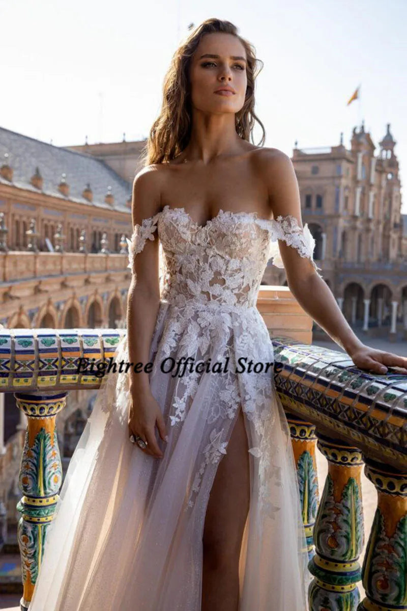 qgtao  Sexy Champagne Wedding Dress off Shoulder Summer Beach Wedding Gowns Split Lace Bridal Dresses 2024