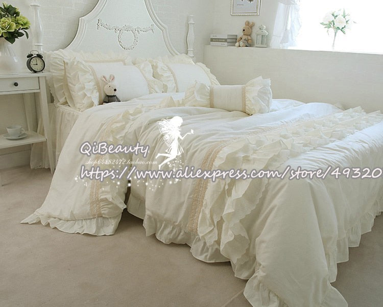 qgtao 2 set  Princess Solid Color 100% Cotton Bedding  3-Piece Set Ruffled White Bed Skirt