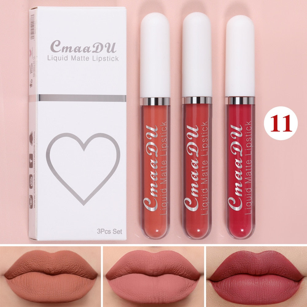 Waterproof Lip Gloss Velvet Matte Long-lasting Moisturizing Non-Fade Velvet Lipstick Lip Tint Women Cosmetics Makeup 3 Color/set