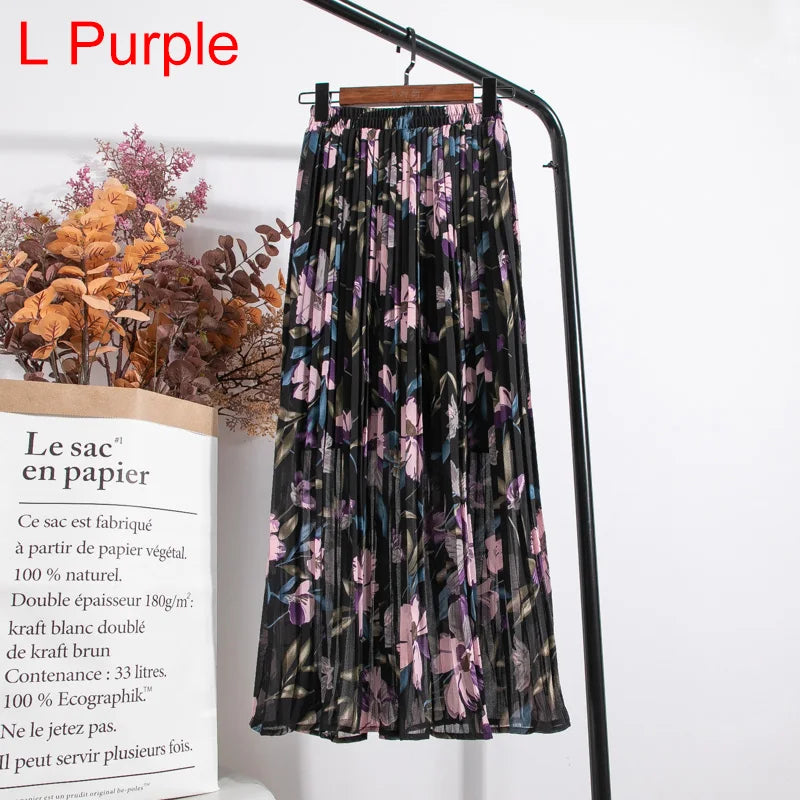 qgtao Skirts Womens 2024 High Waist Floral Print Mid Calf Long Pleated Skirt Women Summer Vintage Elegant Chiffon Midi Skirt