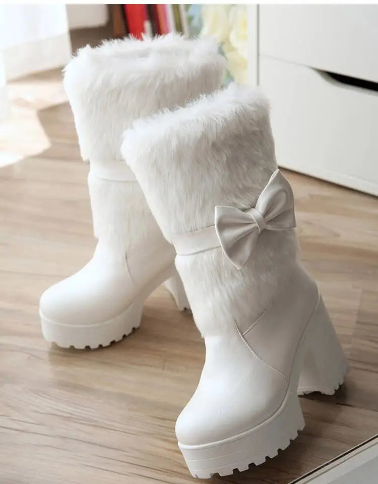 qgtao High-heeled snow boots female Lolita sweet bow student fur boots  plus cashmere keep warm women shoes cute bowknot kawaii snow