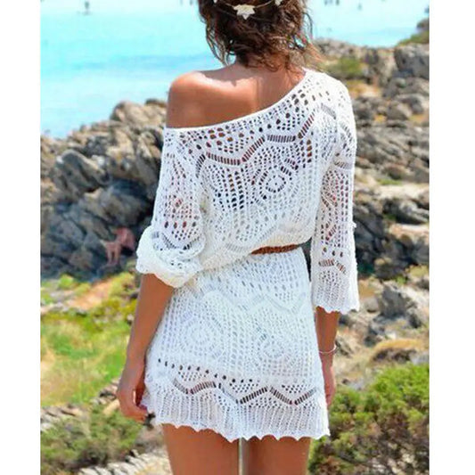 qgtao New Sexy Women Lace Crochet Bikini Beach Boho Dress Hollow Out Loose Dresses Three Quarter Sleeve Beachwear Mini Dress