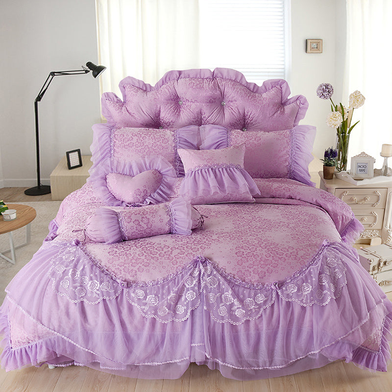 Luxury wedding bedding set purple red beige lace cotton jacquard Bedding sets full queen king size bedskirt duvet cover set