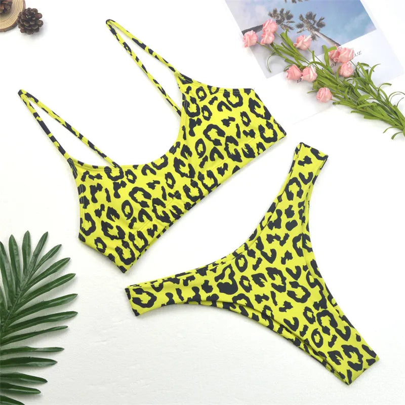 qgtao Leopard Thong Swimsuit Women Sexy Bikini Set Print Push up Swimwear Female Brazilian Bikini Set Bathing Suit