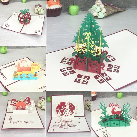 Merry Christmas Vintage 3D Laser Cut Pop Up Paper Handmade Custom Greeting Cards Christmas Gifts Souvenirs Postcards Supplies
