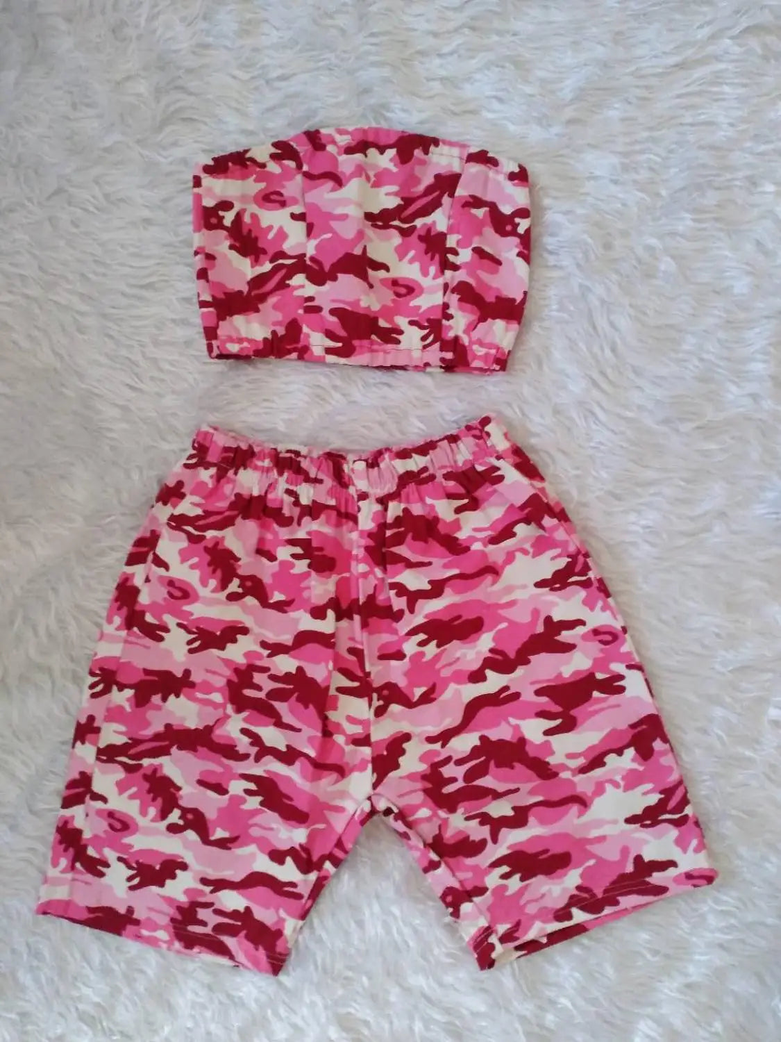 Women Sexy Short Two Piece Set Boob Tube Crop Tops and Biker Shorts 2 Piece Set Pink Camouflage Bodycon Matching Sets Plus Size