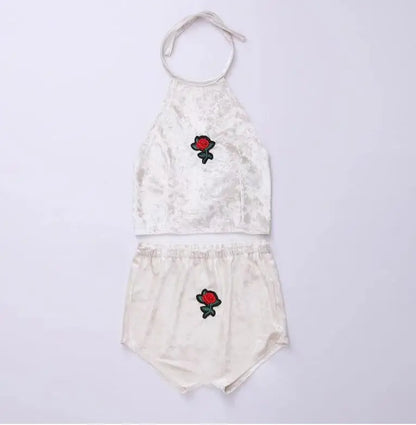4 Colors Sexy Women Rose Embroidery Velvet 2 Two piece set 2024 New Halter Tank Camis Crop Top with Brief Panties Sets Outfit