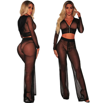 Sexy crop top two piece set tracksuit women gauze Fashion Hoodie Pant cropped tops
