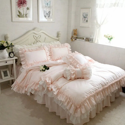 Yeknu Super Sweet Solid Color Bedding Sets Luxury Princess Wedding Pink Lace Ruffle Cotton Duvet Cover Bedspread Bed Skirt Pillowcases