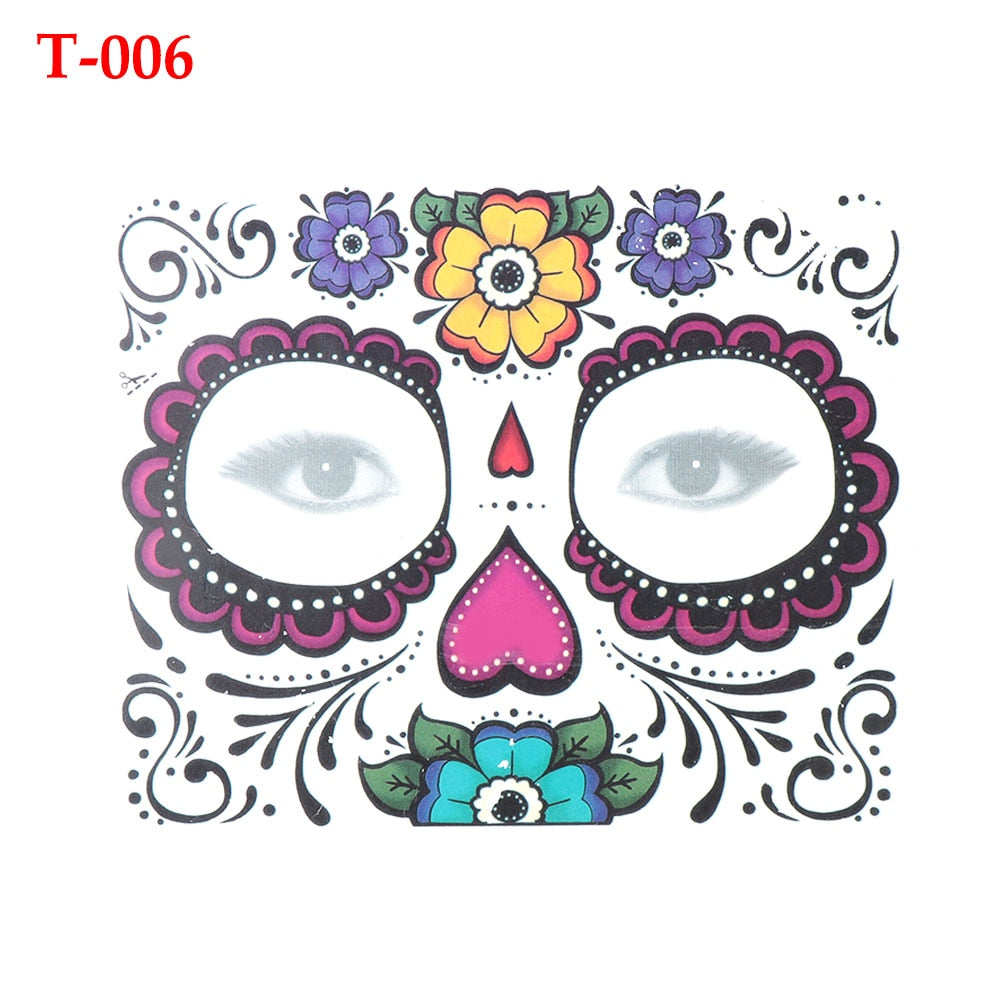 Waterproof Facial Makeup Sticker Special Face tattoo Day Of The Dead Skull Face Dress Up Halloween Temporary Tattoo Stickers