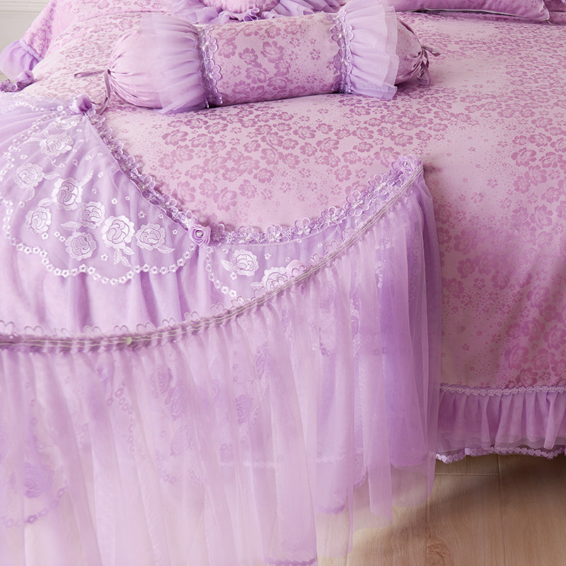 Luxury wedding bedding set purple red beige lace cotton jacquard Bedding sets full queen king size bedskirt duvet cover set