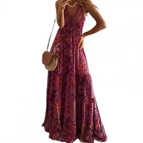 qgtao Women Boho Vintage Maxi Dress Loose Flora Print Deep V Neck High Waist Dresses Spaghetti Strap Summer Retro Vestidos Clothes