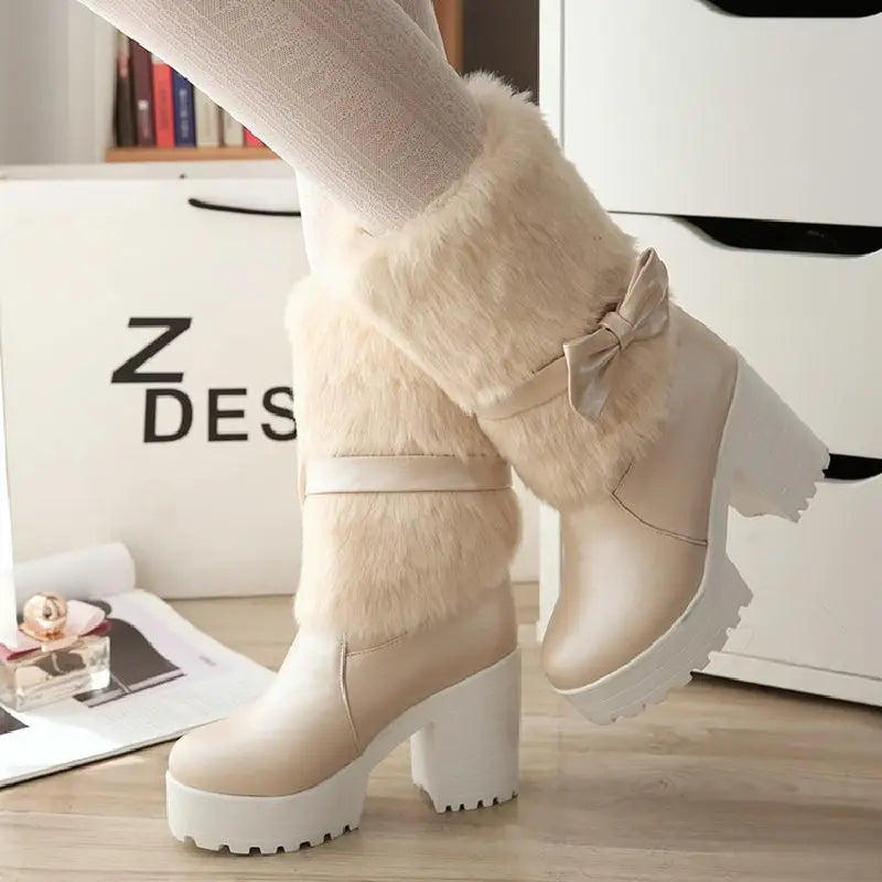 qgtao High-heeled snow boots female Lolita sweet bow student fur boots  plus cashmere keep warm women shoes cute bowknot kawaii snow