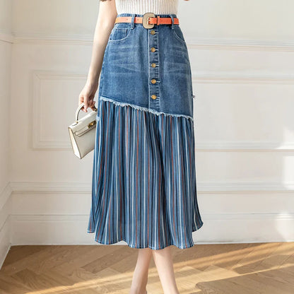 qgtao S-5XL Patchwork Pleated Jeans Skirts Women High Waist Ripped Skirts Vintage Elegant Korean Fashion Denim Skirts Big Size plus